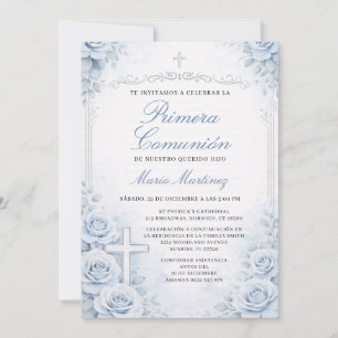 Invitation Croix de Première Communion espagnole florale bleu