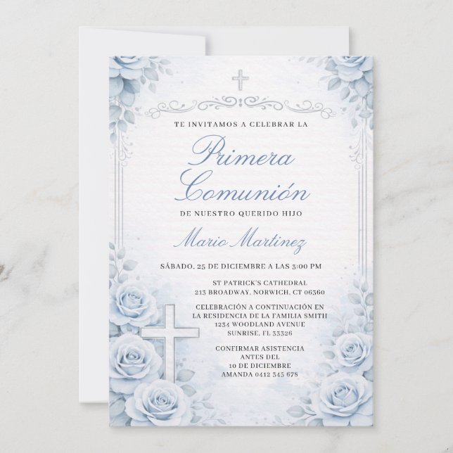 Invitation Croix de Première Communion espagnole florale bleu (Devant)