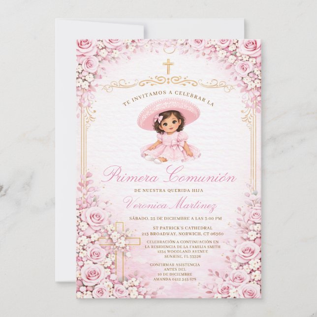 Invitation Croix de Première Communion Fille Espagnole Floral (Devant)