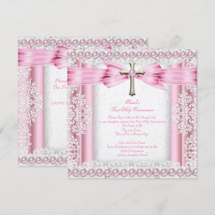Invitation Croix de première communion pour filles joli rose