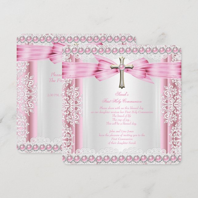 Invitation Croix de première communion pour filles joli rose  (Devant / Derrière)