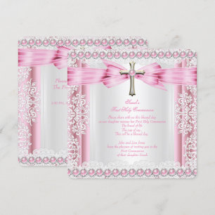Invitation Croix de première communion pour filles joli rose