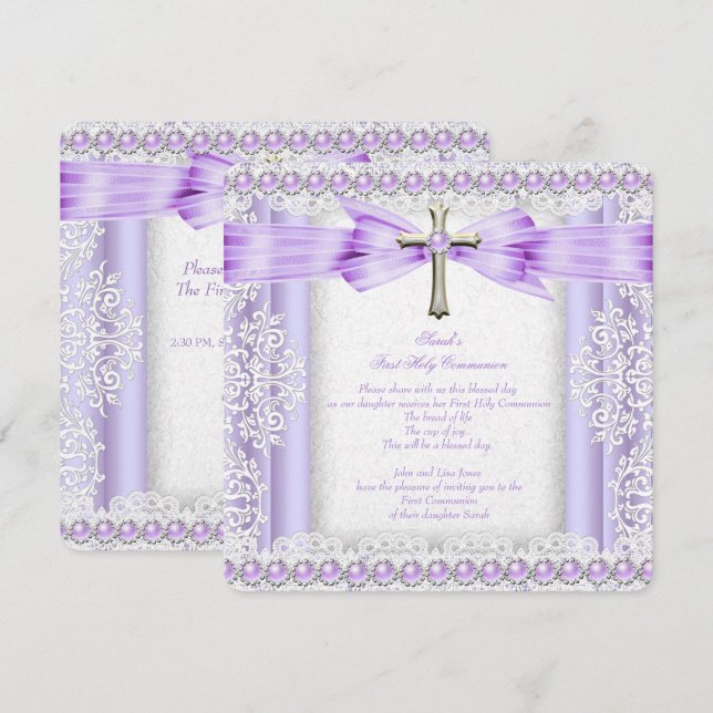 Invitation Croix de première communion pour filles jolie lava (Devant / Derrière)