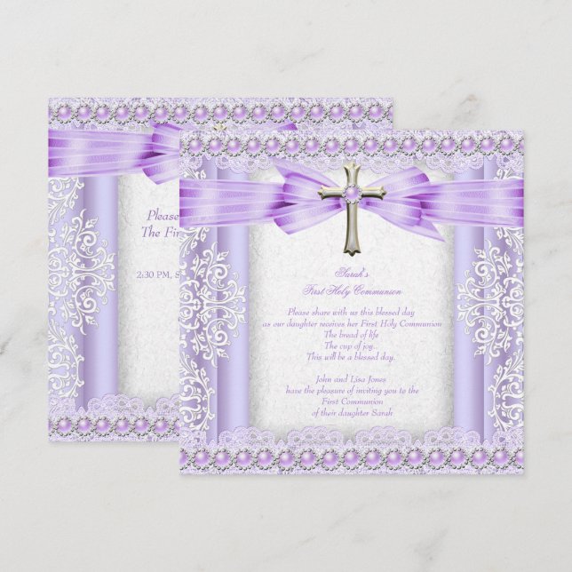 Invitation Croix de première communion pour filles jolie lava (Devant / Derrière)