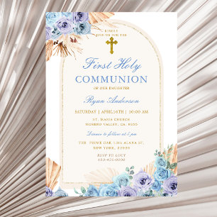 Invitation Croix de première communion sainte florale bleue B