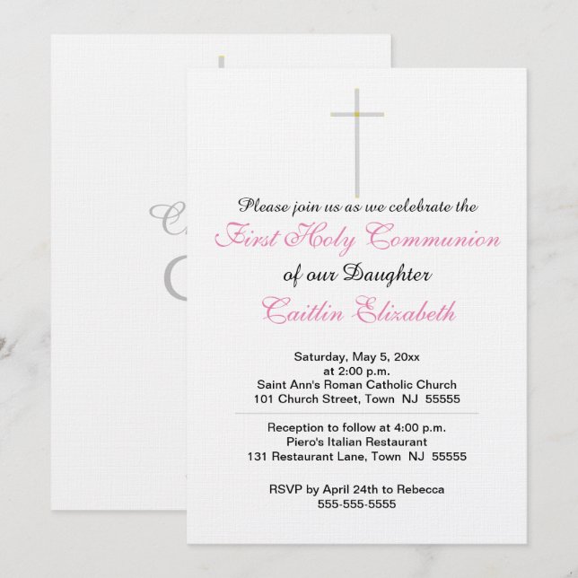Invitation Croix de Première Sainte Communion Fille (Devant / Derrière)