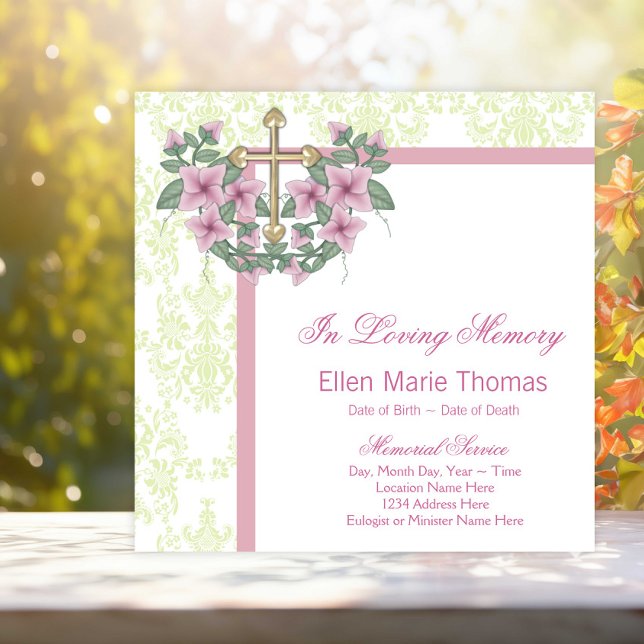 Invitation Croix de rose rose en mémoire affectueuse (Pretty spring colors memorial and funeral announcement.)