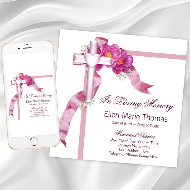Invitation Croix de rose rose en mémoire affectueuse (Womans funeral announcement and memorial invitation. Download and printed invitations available.)