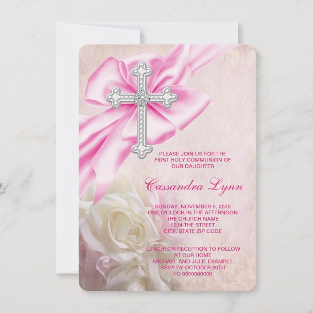 Invitation Croix de rose rose pour première communion (Devant)