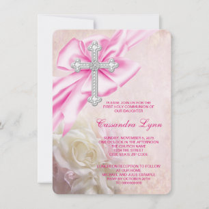 Invitation Croix de rose rose pour première communion