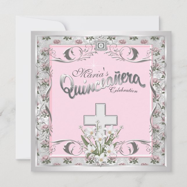 Invitation Croix de Rose Rose Quinceanera (Devant)
