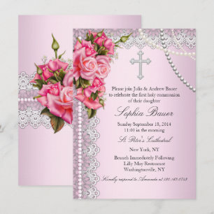 Invitation Croix de roses roses pour la communion ou le baptê