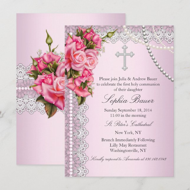 Invitation Croix de roses roses pour la communion ou le baptê (Devant / Derrière)