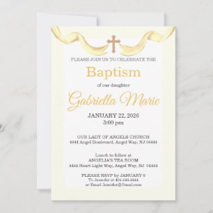 Invitation Croix de ruban jaune pastel aquarelle baptême