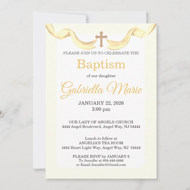 Invitation Croix de ruban jaune pastel aquarelle baptême (Devant)