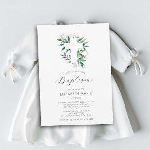 Invitation Croix de verdure Blanc Vert bébé Baptême enfant