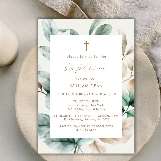Invitation Croix de verdure boho moderne Baptême (Modern Boho Greenery Cross Baptism Invitation)