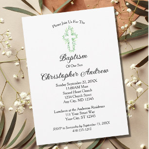 Invitation Croix de verdure minimaliste Baptême Christening