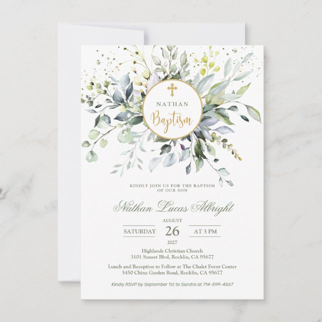 Invitation Croix d'Eucalyptus Baptême de bébé (Devant)
