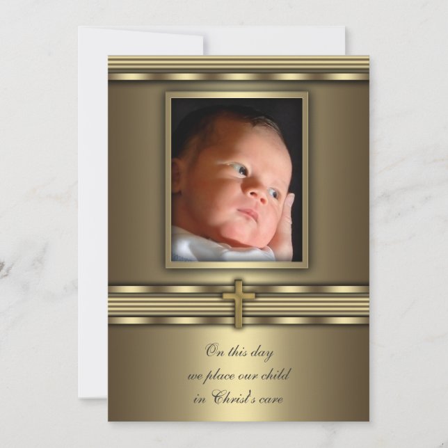 Invitation Croix d'or Baby Boy Photo Baptême Christening (Devant)
