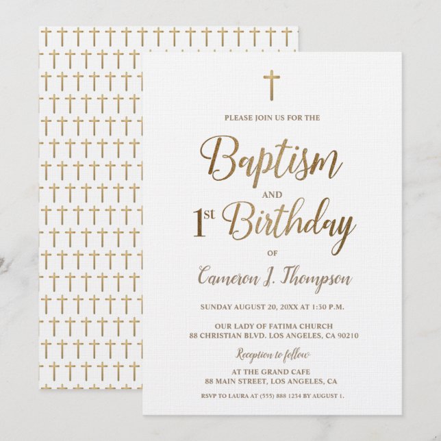 Invitation Croix d'or Baptême blanc 1er anniversaire Invitati (Devant / Derrière)
