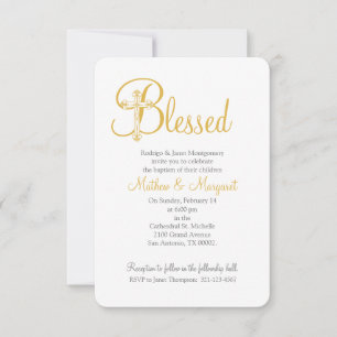 Invitation croix d'or BAPTISM ou CHRISTENING jumeaux