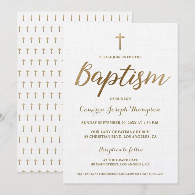 Invitation Croix d'or blanc Personnalisé Baby boy Baptême (Devant / Derrière)