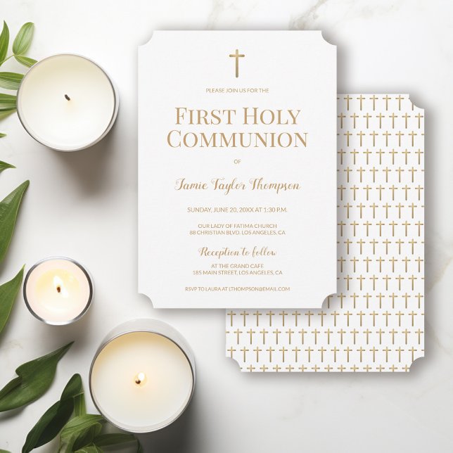 Invitation Croix d'or blanc pur Première communion sainte (Gender neutral First holy communion gold cross and white invitation )