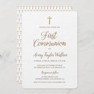 Invitation Croix d'or blanc simple Première communion moderne