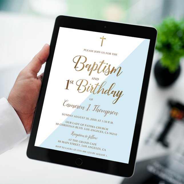 Invitation Croix d'or bleu Baptême 1er anniversaire (Joint Baptism and 1st birthday invitation, digital or printed.)