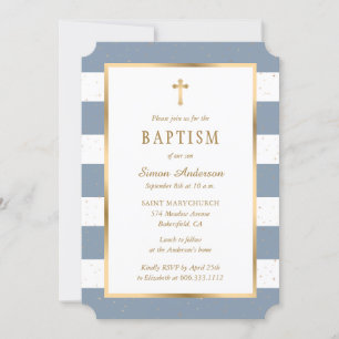 Invitation Croix d'or bleu Dusty moderne Stars Boy Baptism