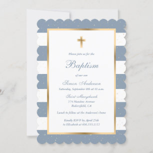 Invitation Croix d'or bleu Dusty Stars Baptême rayé