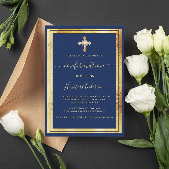 Invitation Croix d'or bleu marine de confirmation (Créateur téléchargé)