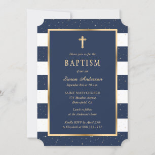 Invitation Croix d'or bleu moderne Stars Baptême garçon