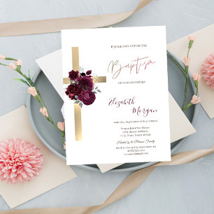Invitation Croix d'or Chic Roses rouges Parties scintillant d
