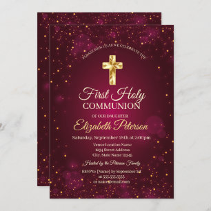 Invitation Croix d'or Confetti rouge Première communion saint