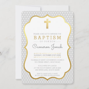 Invitation CROIX D'OR CUTE joli baptême fancy polkadot gris