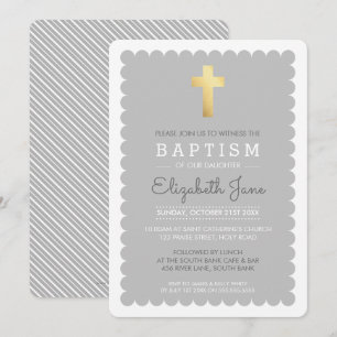 Invitation CROIX D'OR CUTE moderne baptism arêtes à coquilles