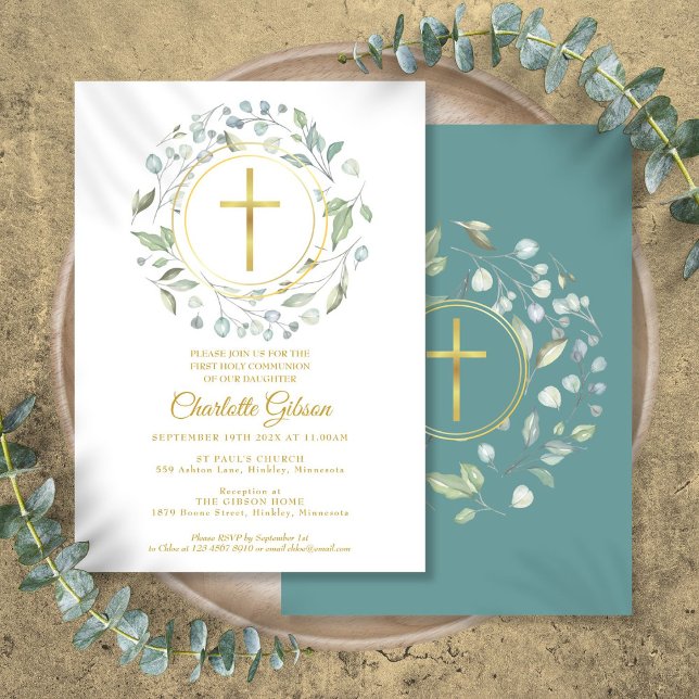 Invitation Croix d'or de la première sainte communion (First Holy Communion Greenery Gold Cross Invitation)