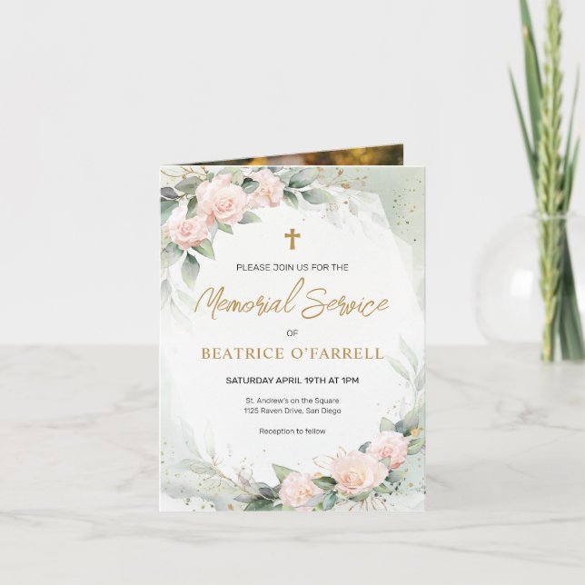 Invitation Croix d'or et Fleurs Service de Mémorial Photo (Devant)