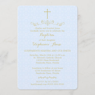 Invitation Croix d'or et lauriers en bleu clair