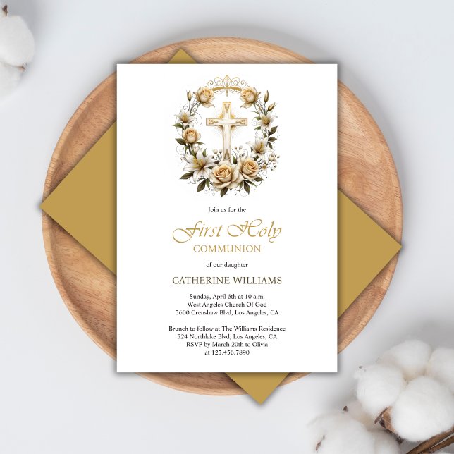 Invitation Croix d'or et Roses blanches Première communion sa (Gold Cross and White Roses First Holy Communion Invitation)