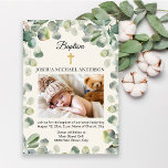 Invitation Croix d'or Eucalyptus Baptême religieux Photo<br><div class="desc">Elégante invitation au baptême pour le bébé garçon ou la fille avec une croix d'or au sommet. Cette invitation est encadrée de beaux feuilles d'eucalyptus verts. Personnalisé avec votre photo préférée de nouveau-né, le nom de votre enfant et les informations sur le baptême. Contactez-moi pour obtenir de l'aide sur vos...</div>