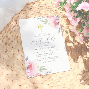Invitation Croix d'or & Fleurs peintes Première communion sai
