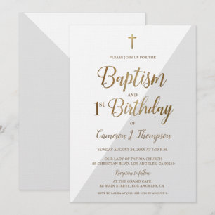 Invitation Croix d'or gris blanc Baptême 1er anniversaire
