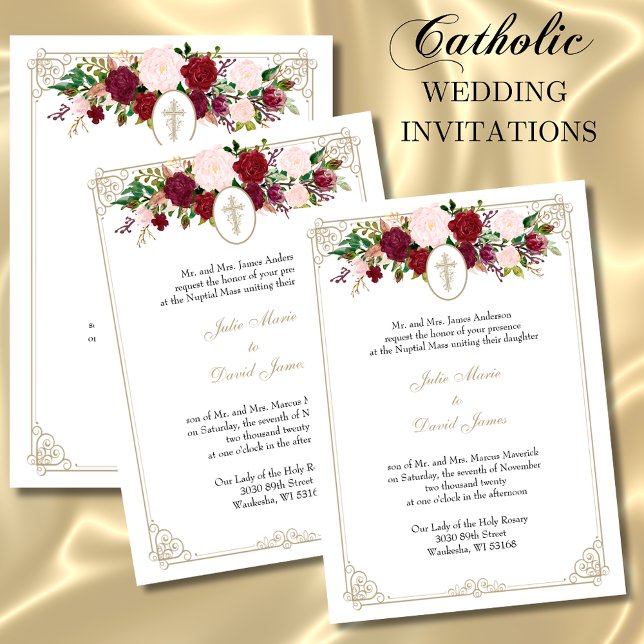 Invitation Croix d'or Mariage catholique florale (Créateur téléchargé)