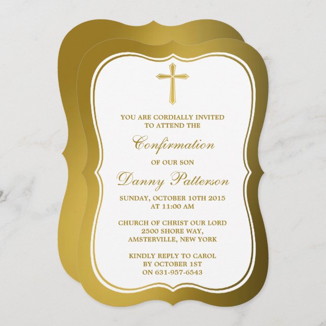 Invitation Croix d'or métallique Sainte Communion Ou Confirma (Devant / Derrière)
