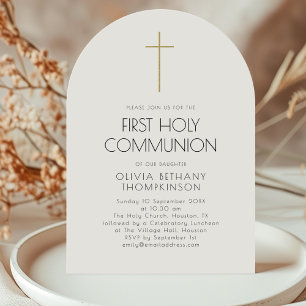 Invitation Croix d'or minimaliste Première communion sainte