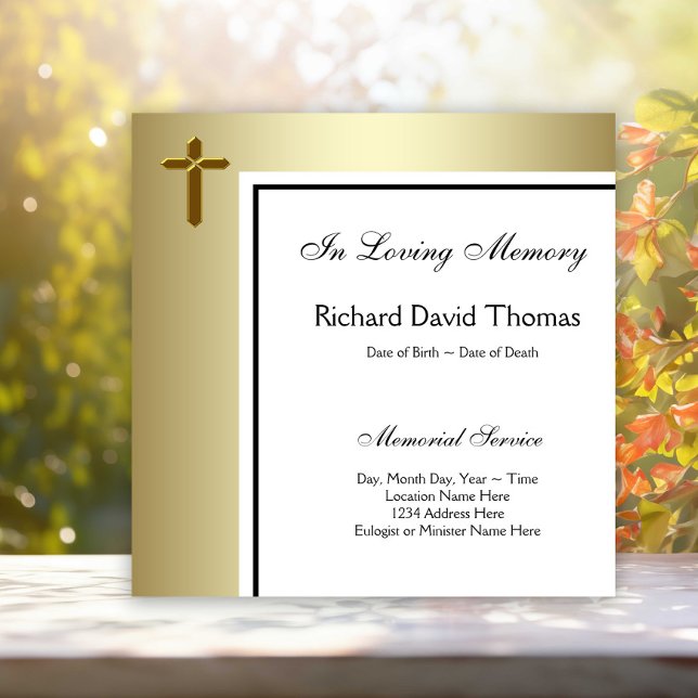 Invitation Croix d'or noir en mémoire d'amour (Simple elegant gold cross memorial and funeral announcement. Simply add your event details.)