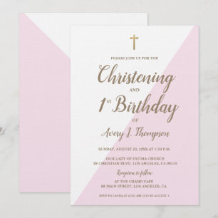 Invitation Croix d'or rose Christening 1er anniversaire combi